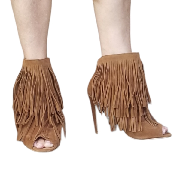 Cowboy fringe ankle booties boots shoes peekaboo toes western hobo - Picture 6 of 11